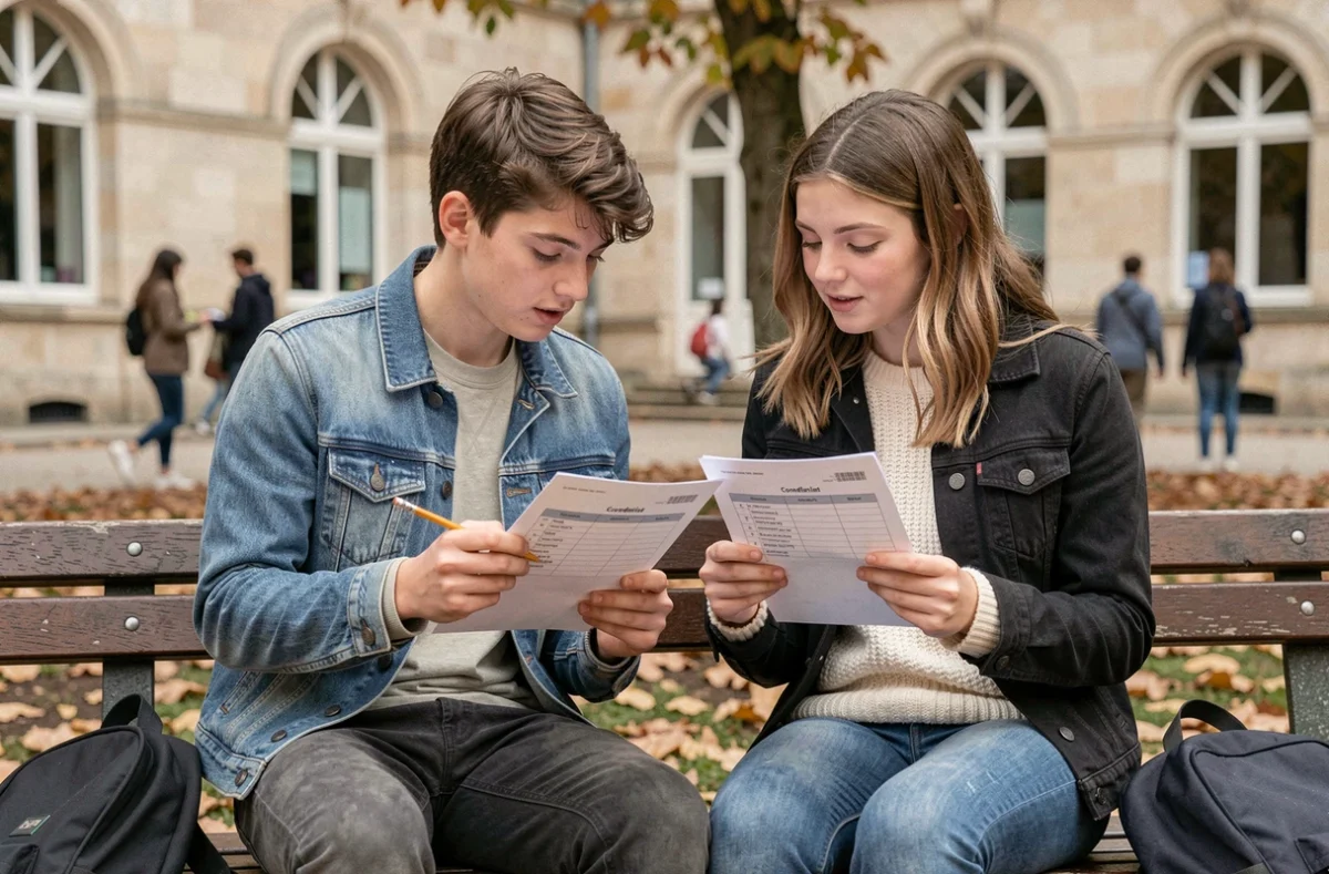 Deux lycéens comparant leurs bulletins et coefficients du Bac réformé 2026 dans la cour de leur lycée