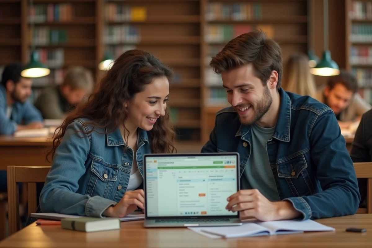 Deux étudiants configurant ensemble les notifications de la plateforme Moodle à la bibliothèque universitaire