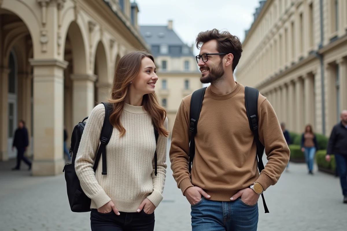 Deux étudiants discutant marketing devant une école parisienne