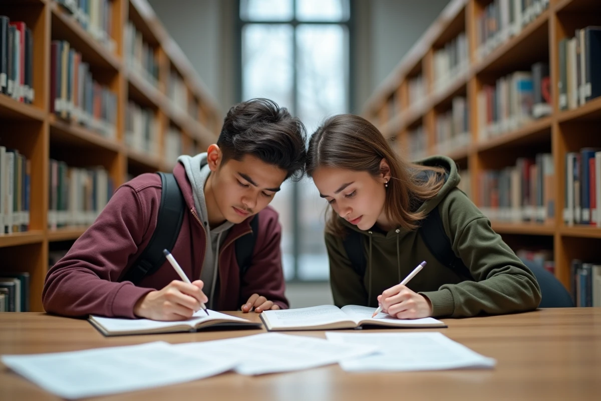 Deux étudiants en ECE prépa comparant leurs notes de révision dans une bibliothèque universitaire entourés de manuels scolaires