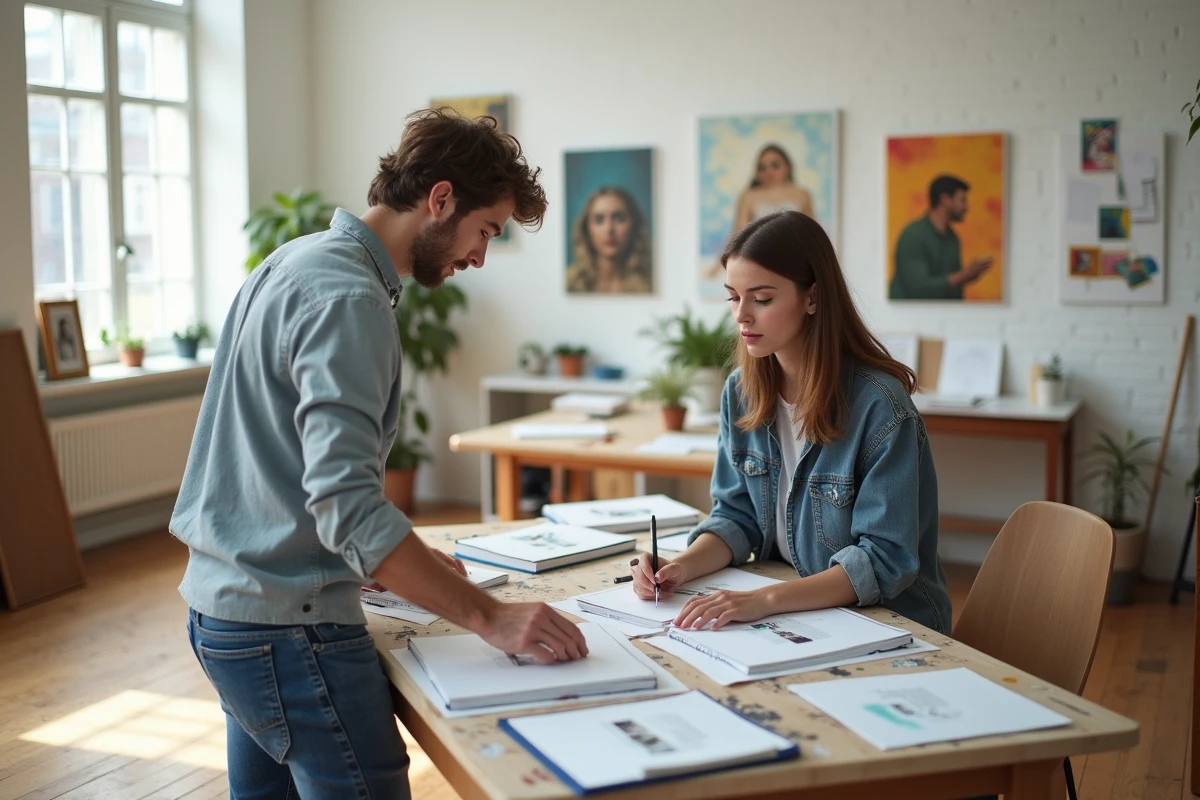 Deux étudiants des Gobelins examinant un portfolio d'admission dans une salle de critique d'art