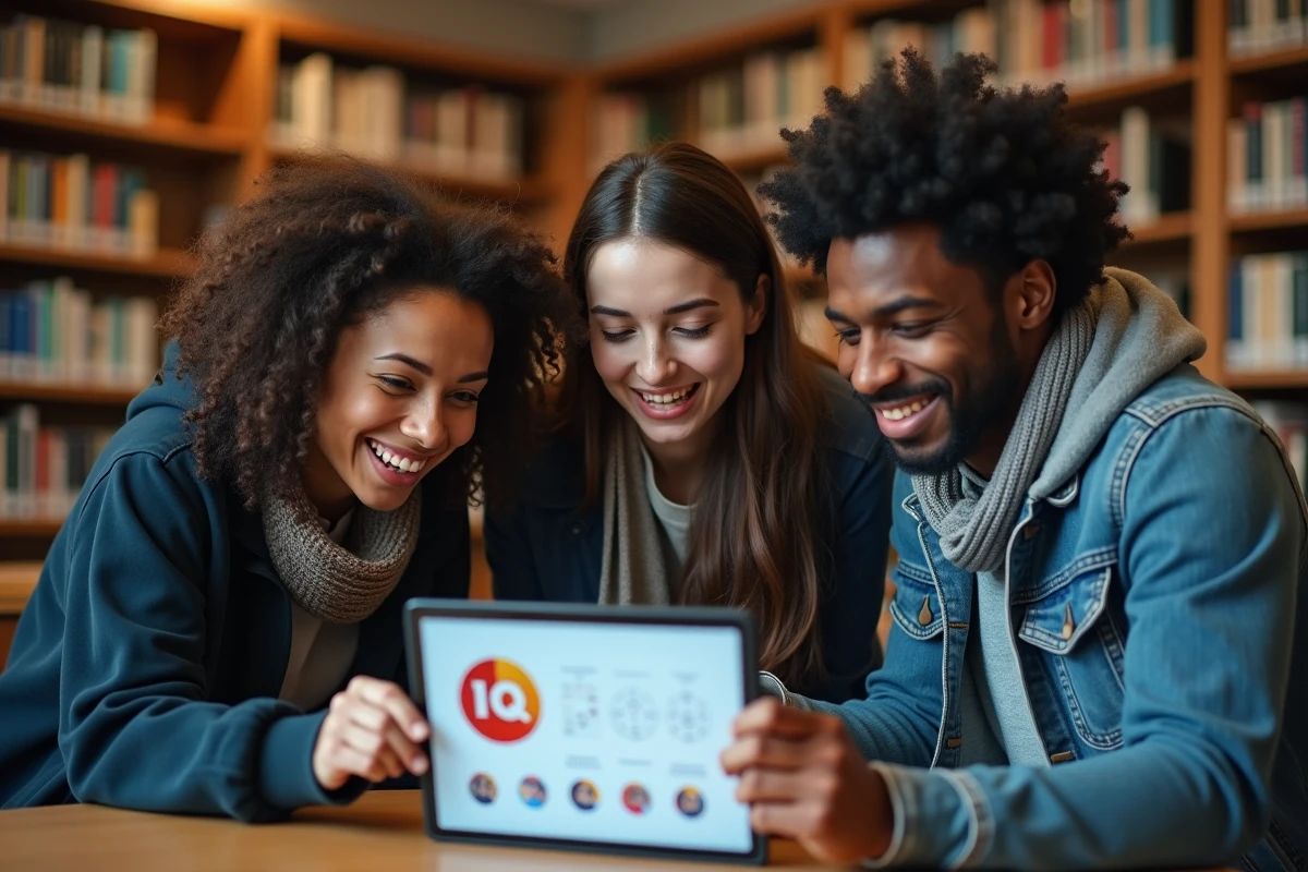 Groupe d'étudiants universitaires analysant ensemble les résultats détaillés d'un test de QI sur une tablette en bibliothèque