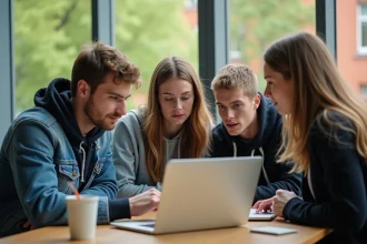 Groupe d'étudiants concentrés autour d'un ordinateur portable