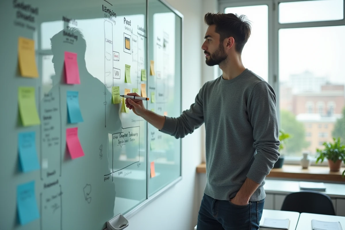 Jeune homme analysant un tableau comparatif d'écoles du digital avec des notes manuscrites, illustrant une évaluation critique et honnête des formations numériques dont l'EEMI