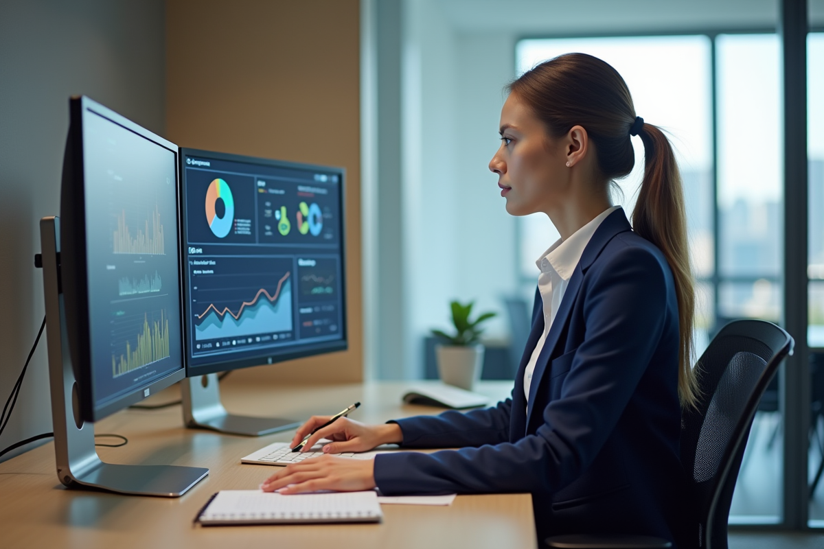 Jeune femme analysant des graphiques colorés au bureau