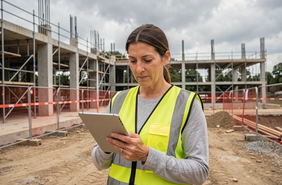 Femme professionnelle du BTP consultant une formation certifiante en ligne sur tablette sur un chantier