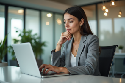 Femme en bureau moderne travaillant sur son ordinateur