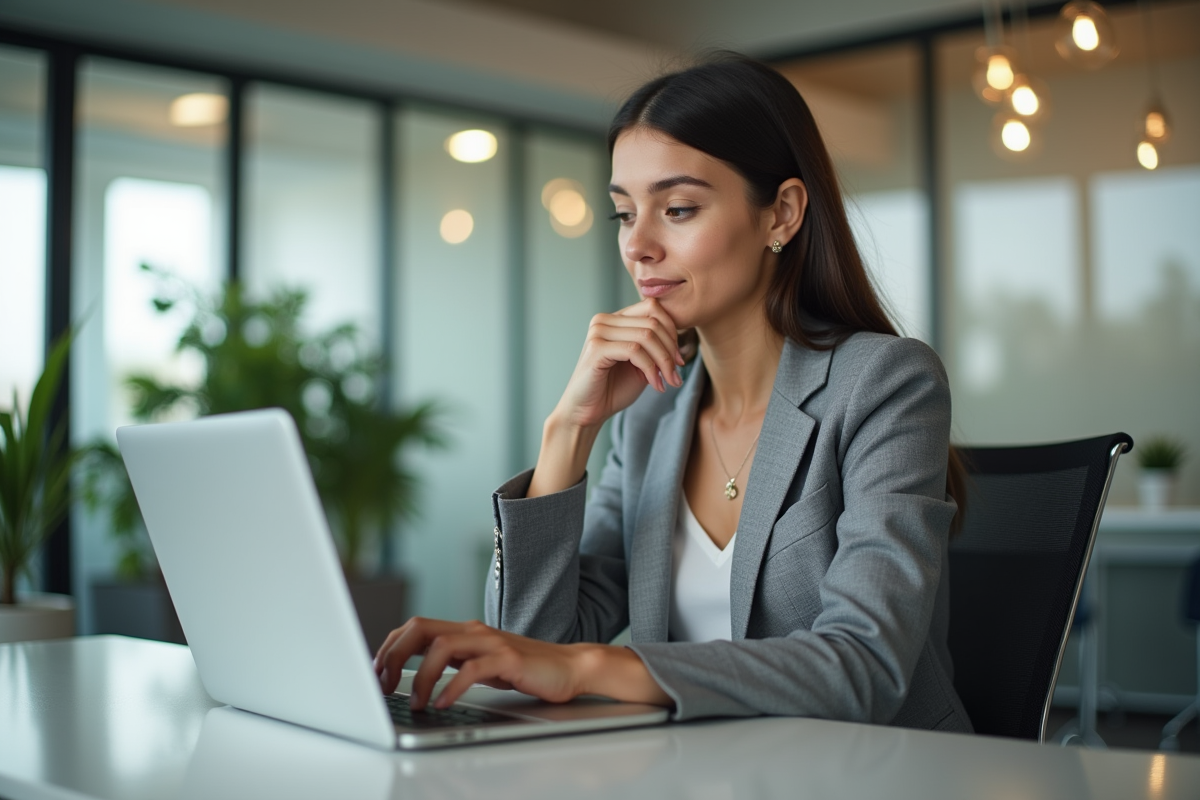 Femme en bureau moderne travaillant sur son ordinateur