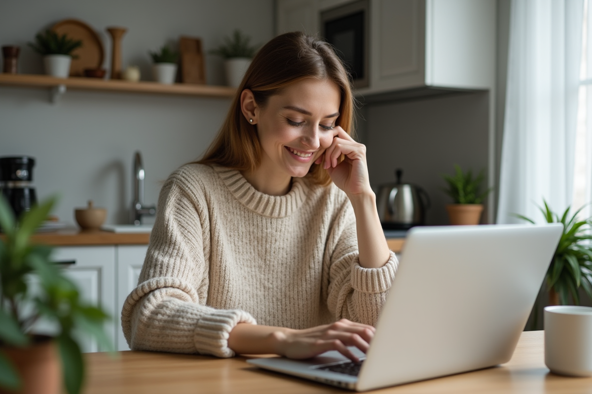 Femme concentrée travaillant sur son ordinateur dans une cuisine chaleureuse