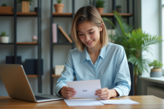 Femme au bureau étudiant un courrier CPF