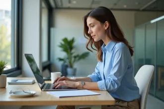 Jeune femme au bureau regardant un tableau digital