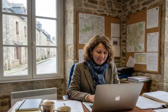 Femme d'âge moyen au bureau de mairie rurale souriante