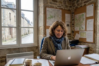 Femme d'âge moyen au bureau de mairie rurale souriante