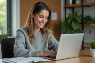 Femme assise à son bureau avec ordinateur portable