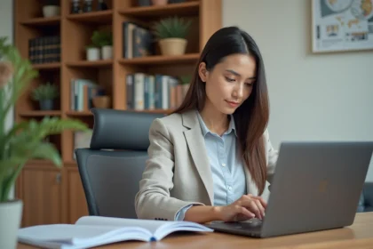 Femme professionnelle en bureau moderne avec ordinateur et tablette