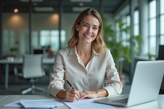 Femme souriante remplissant un formulaire de remboursement au bureau