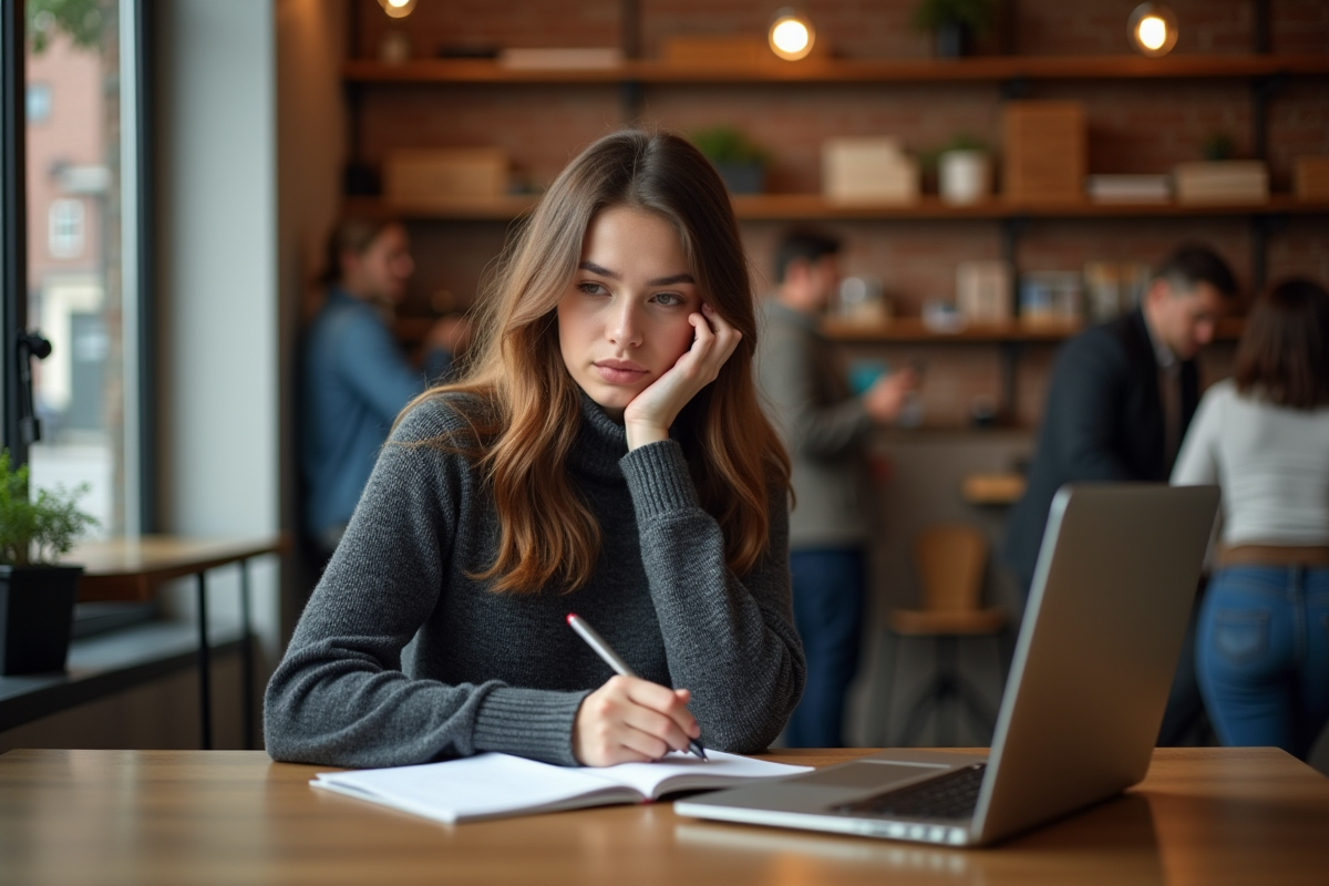 Jeune femme prenant des notes dans un café chaleureux