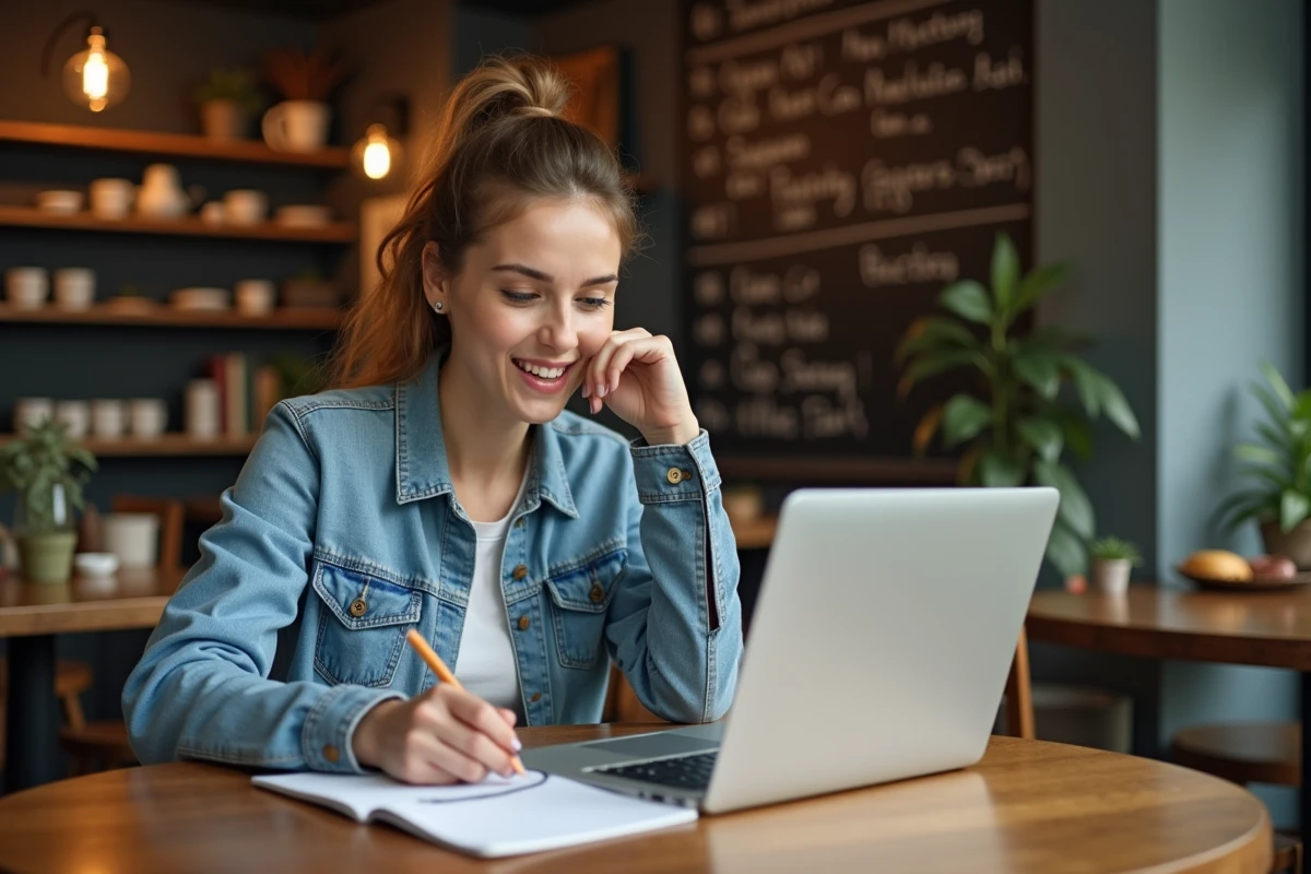 Jeune femme travaillant seul dans un café cosy