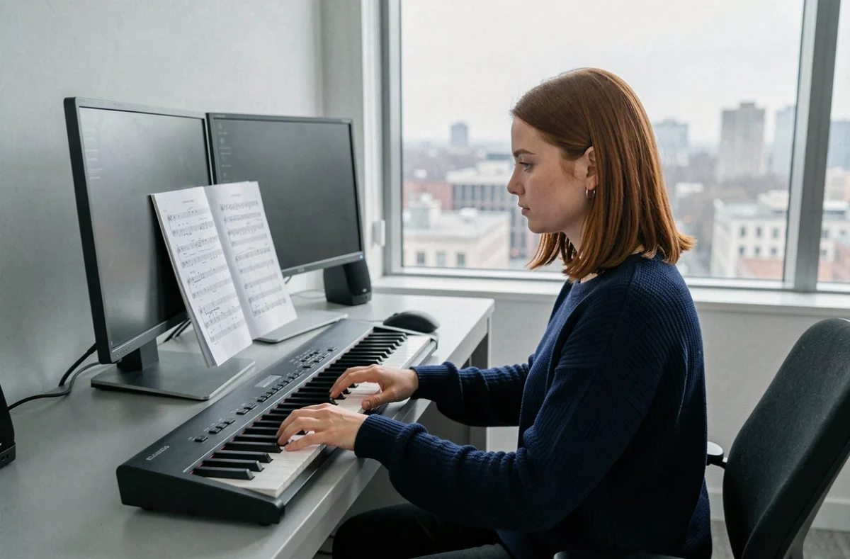 Jeune femme utilisant le clavier d'ordinateur comme piano avec partition musicale affichée