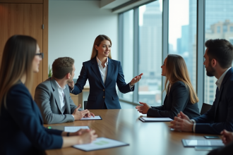 Femme en costume navy lors d'une réunion de travail