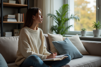 Jeune femme contemplant par la fenêtre dans un intérieur cosy