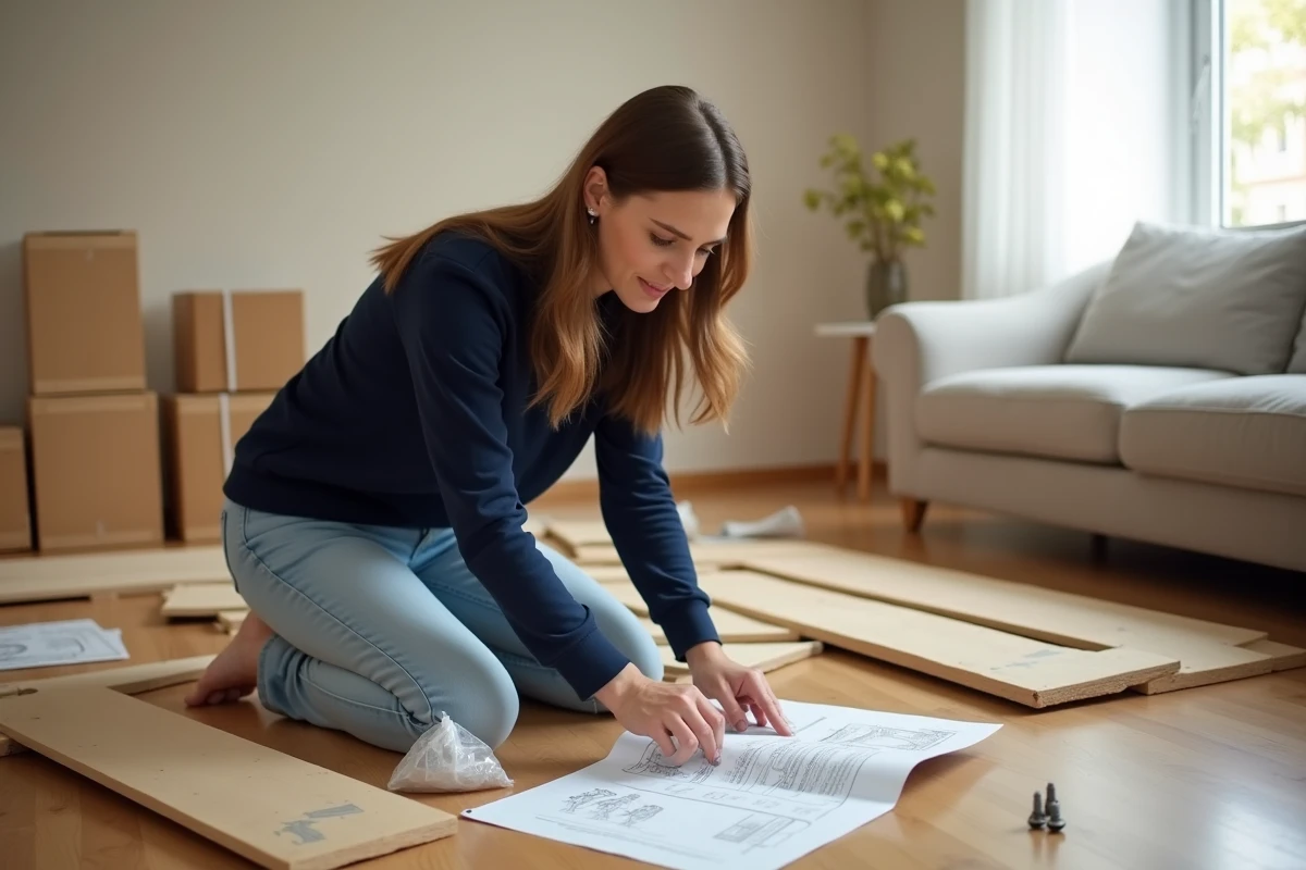 Femme débutante en bricolage assemblant un meuble en kit sur le sol d'un appartement, entourée de pièces et d'un manuel d'instructions ouvert