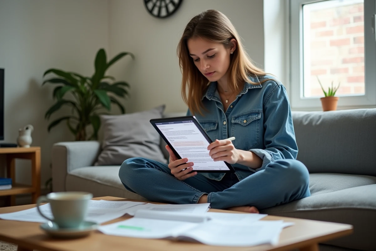 Jeune femme annotant la documentation Solus Linux sur tablette et feuilles imprimées dans son appartement