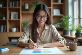 Jeune femme dessinant un diagramme de cercles dans un bureau moderne