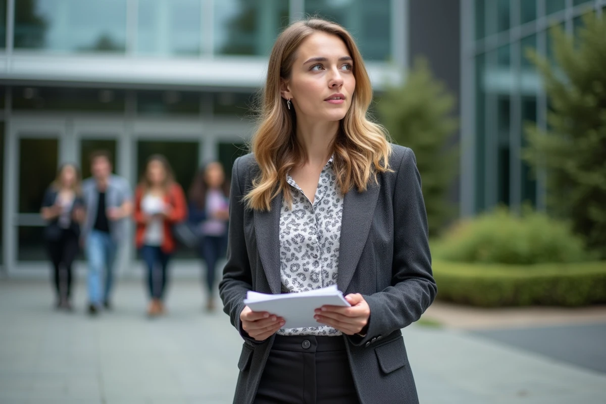 Femme en interview devant un bâtiment scolaire moderne