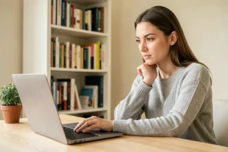 Femme concentrée évaluant un test de QI gratuit sur un site fiable depuis son bureau à domicile