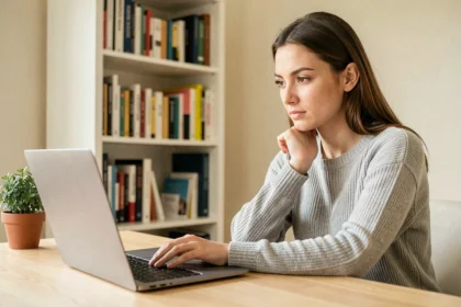 Femme concentrée évaluant un test de QI gratuit sur un site fiable depuis son bureau à domicile