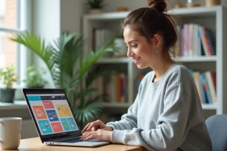 Femme utilisant Canva sur un ordinateur portable pour créer des présentations professionnelles lors d'une formation en ligne gratuite
