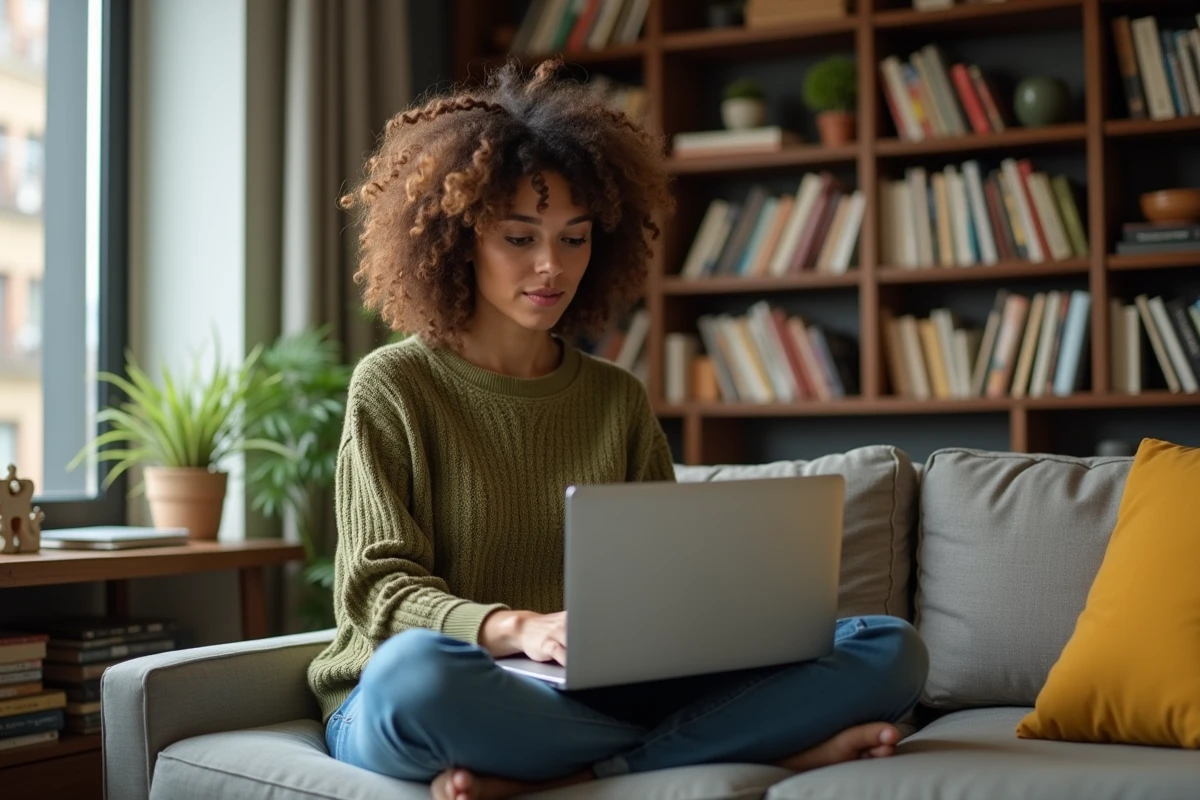 Femme aux cheveux bouclés suivant une formation en ligne sur son canapé à domicile, symbolisant l'accessibilité des formations Oulala.net pour accéder à des emplois bien rémunérés en 2026