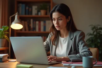 Femme active étudiant le marketing digital sur son ordinateur portable après le travail dans son bureau à domicile
