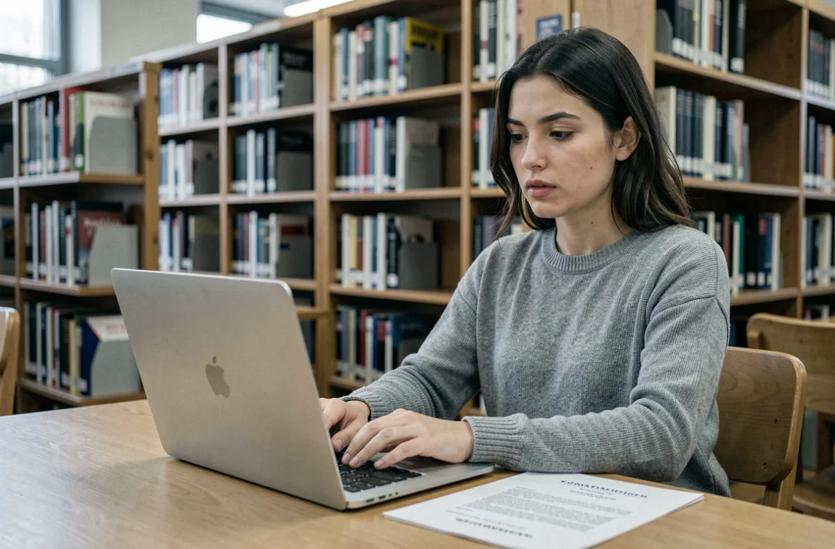 Femme sans diplôme tapant une lettre de motivation sur un ordinateur portable dans une bibliothèque