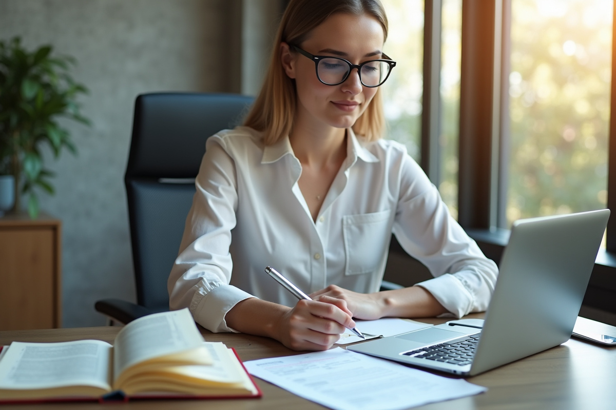 Femme professionnelle mettant à jour son CV sur un ordinateur