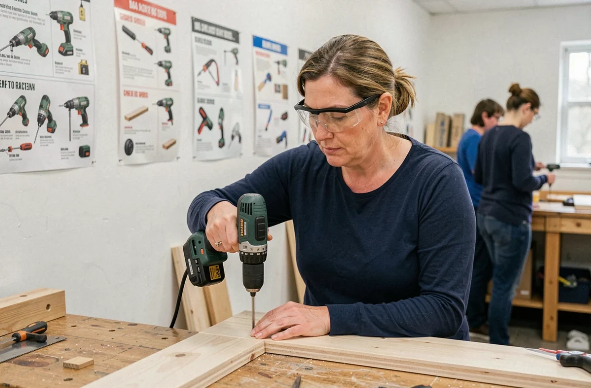 Femme utilisant une perceuse lors d'un atelier de bricolage pour débutants avant une rénovation