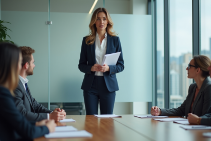 Femme en blazer navy présentant un rapport dans une salle moderne