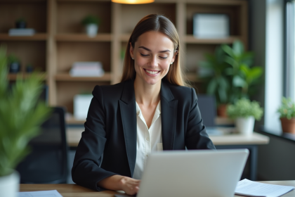 Femme confiante au bureau avec ordinateur et environnement moderne