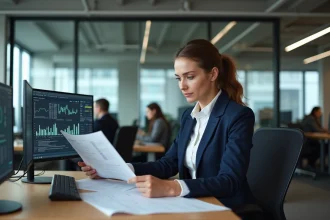 Femme professionnelle en blazer marine travaillant sur des tableaux de bord numériques dans un bureau moderne, illustrant une carrière bien rémunérée après une formation en ligne