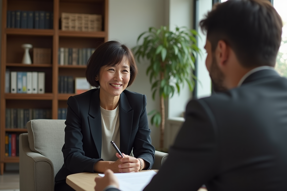 Femme d'âge moyen en blazer écoute un jeune homme