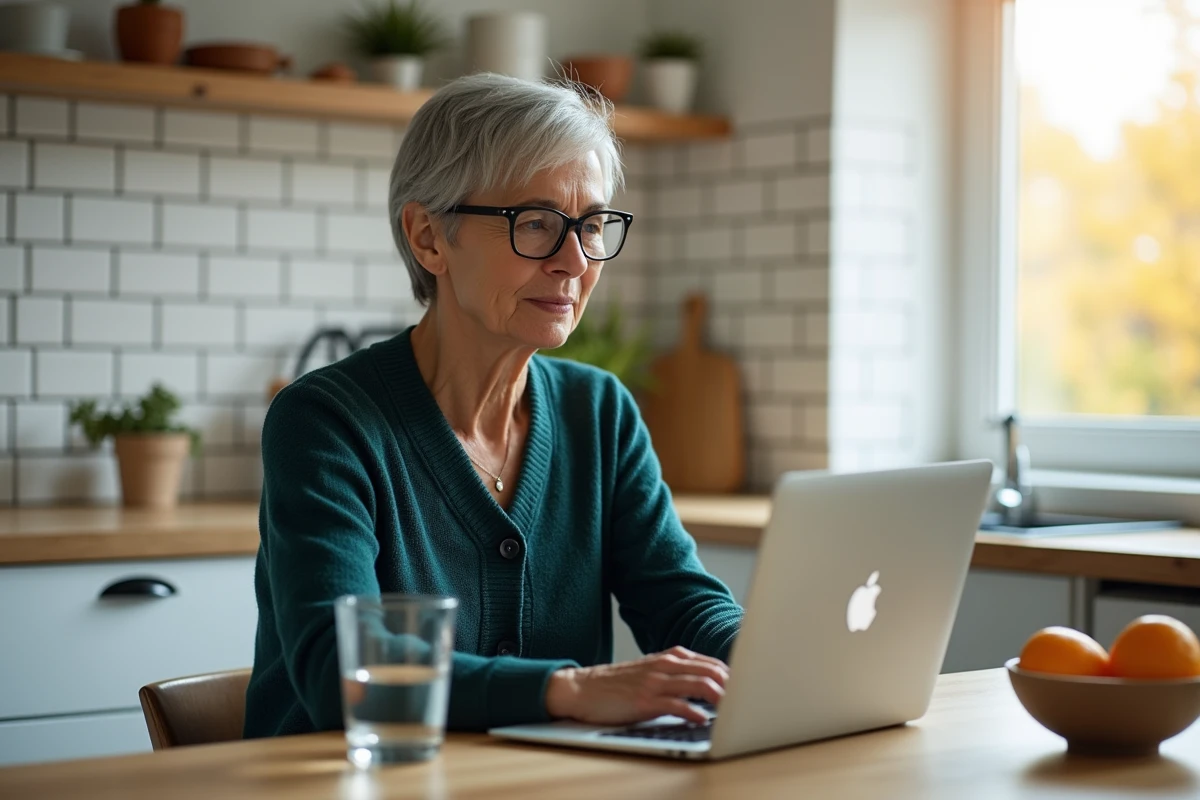 Femme cadre en reconversion professionnelle étudiant le marketing digital tôt le matin dans sa cuisine