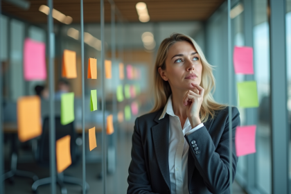 Femme en affaires contemplant des notes colorées