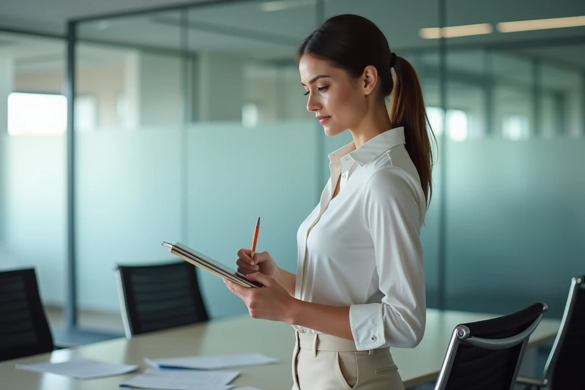 Femme en réunion regardant un écran d