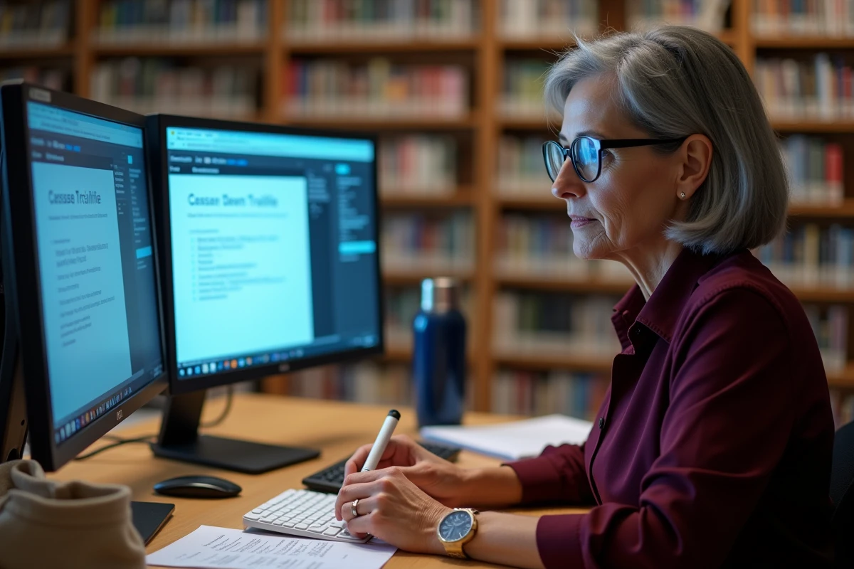 Femme adulte révisant activement des modules de formation professionnelle sur un double écran dans une bibliothèque, avec des cours vidéo et des quiz en ligne visibles à l'écran