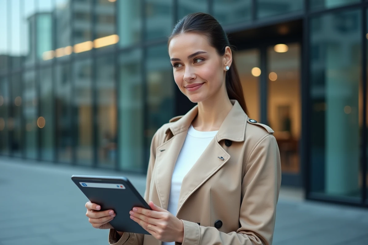Femme consultant son profil LinkedIn sur une tablette devant un immeuble de bureaux avant de suivre une formation Emmanuelle Petiau