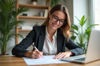 Femme signant un courrier dans un bureau lumineux