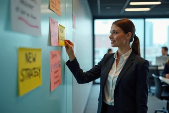 Femme d affaires place une note strategique sur un mur coloré