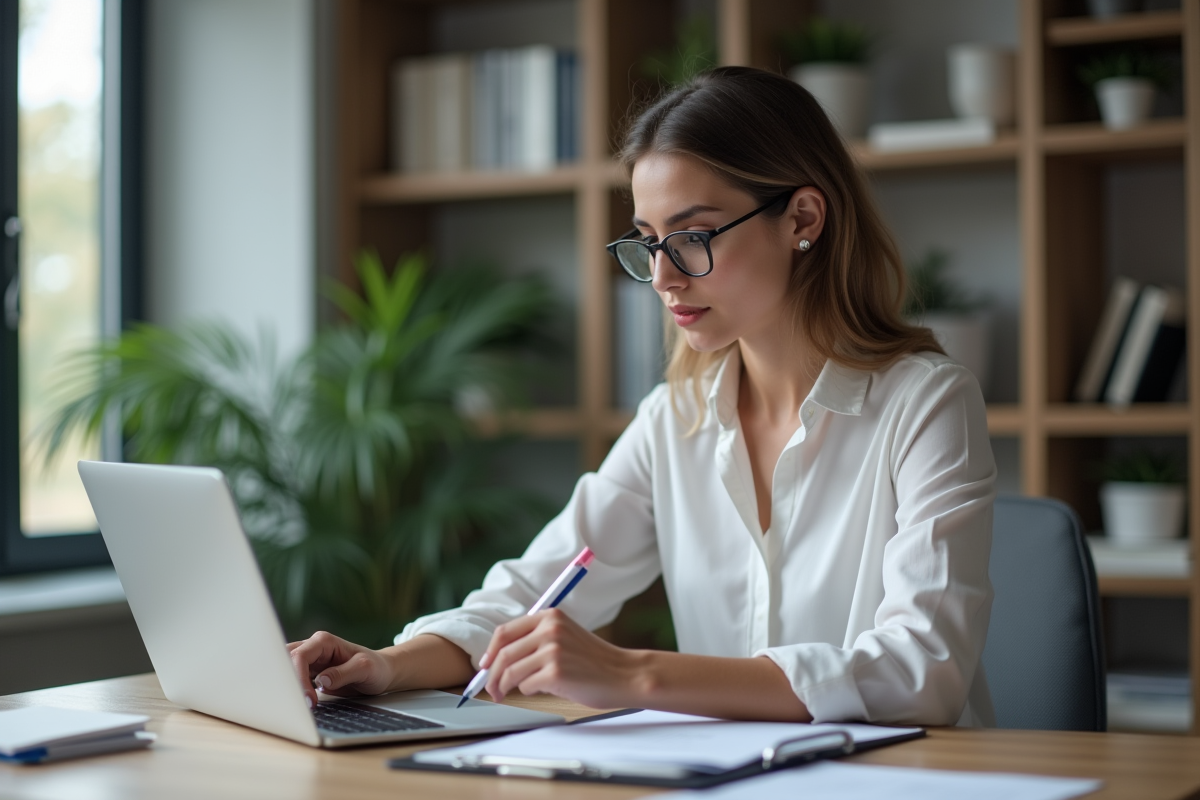 Jeune femme concentrée remplissant un test à l'ordinateur