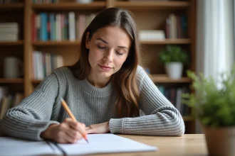 Jeune femme concentrée qui complète un test de QI imprimé à son bureau à domicile